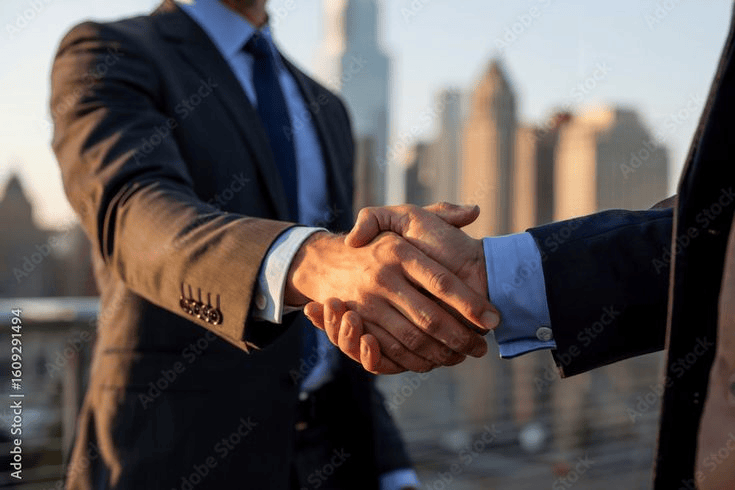 A close-up photograph of a business handshake…