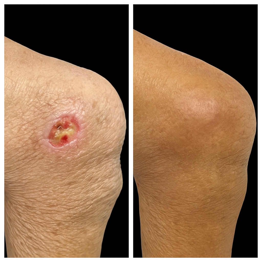 a-professional-medical-photograph showing a before and after leg wound